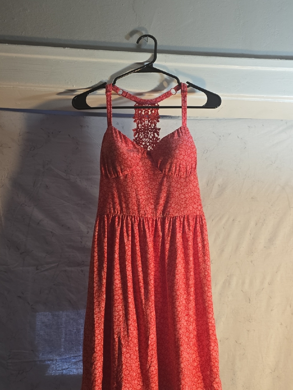 No Boundaries Coral Pink Crochet-Back Maxi Dress